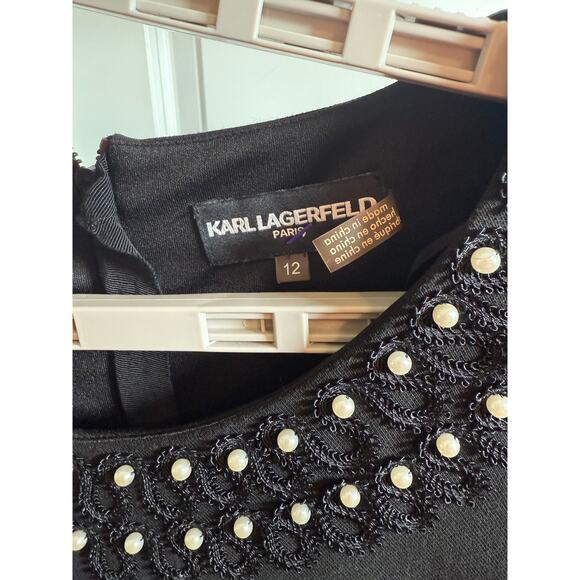 Karl Lagerfeld Paris Black Pearl Embellished Dress Bell Sleeve Women’s Size 12 - Picture 2 of 6